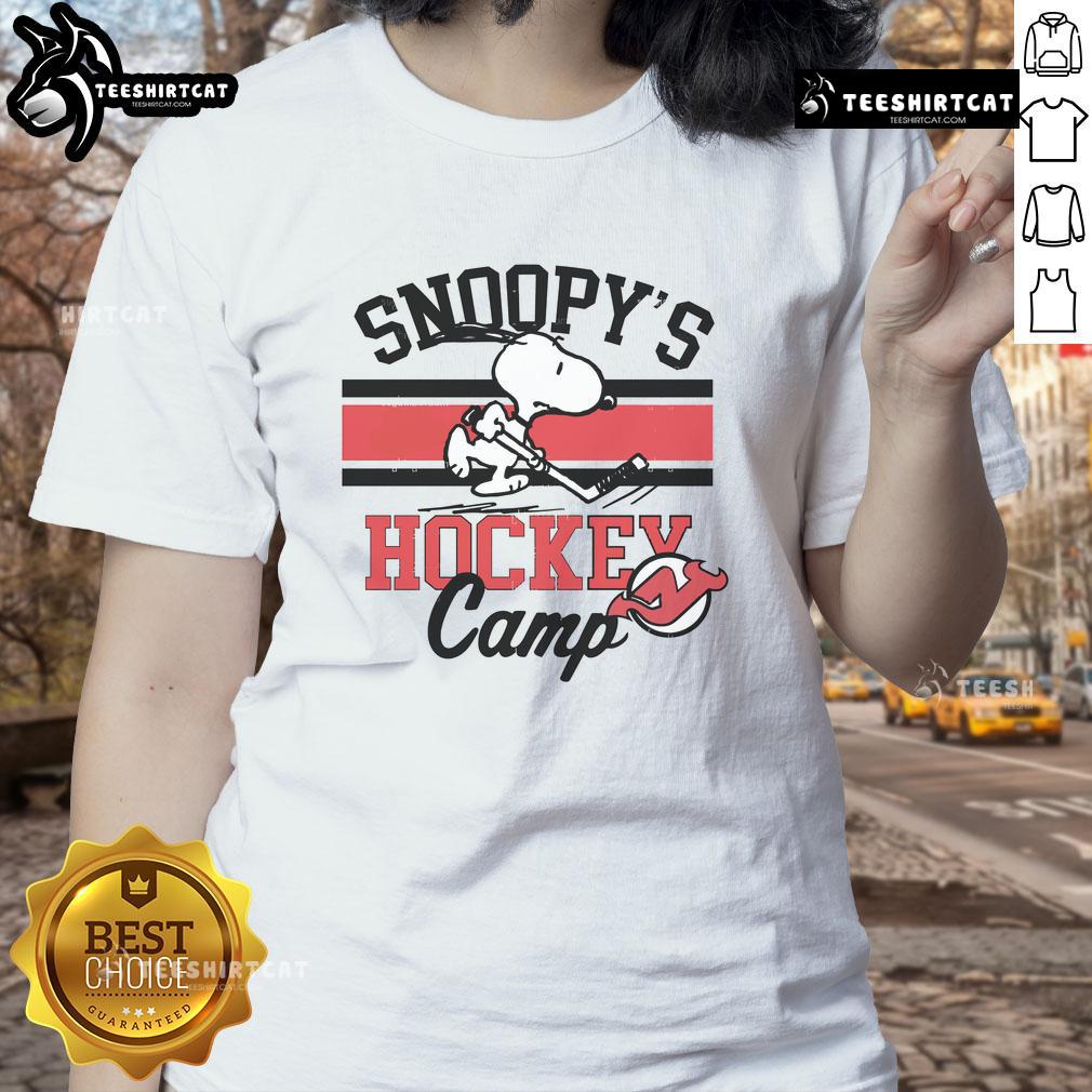 Womens Nice Snoopy New Jersey Devils tee from Snoopy's Hockey Camp, featuring NHL all teams design for hockey fans.