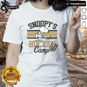 Alt Text: Ladies tee featuring Snoopy and Vegas Golden Knights for Snoopys Hockey Camp, perfect for NHL fans.