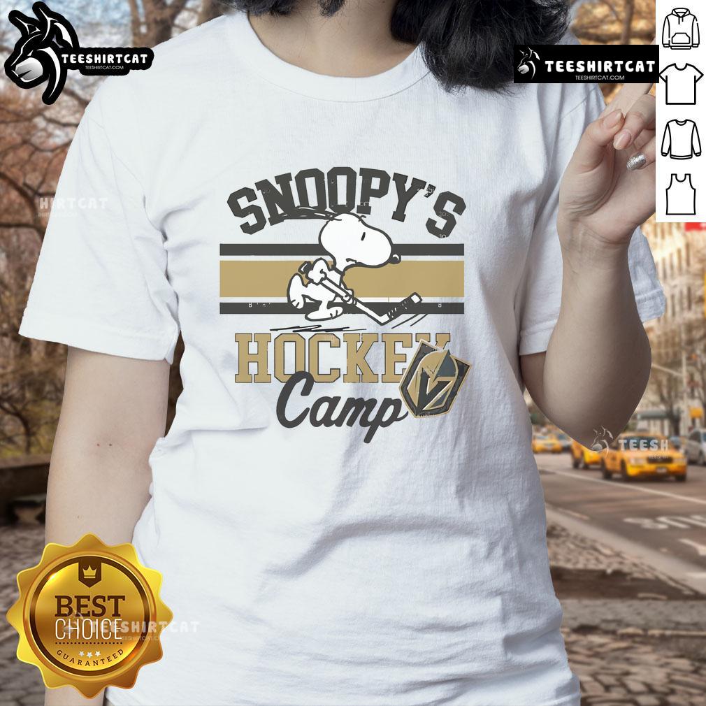 Alt Text: Ladies tee featuring Snoopy and Vegas Golden Knights for Snoopys Hockey Camp, perfect for NHL fans.