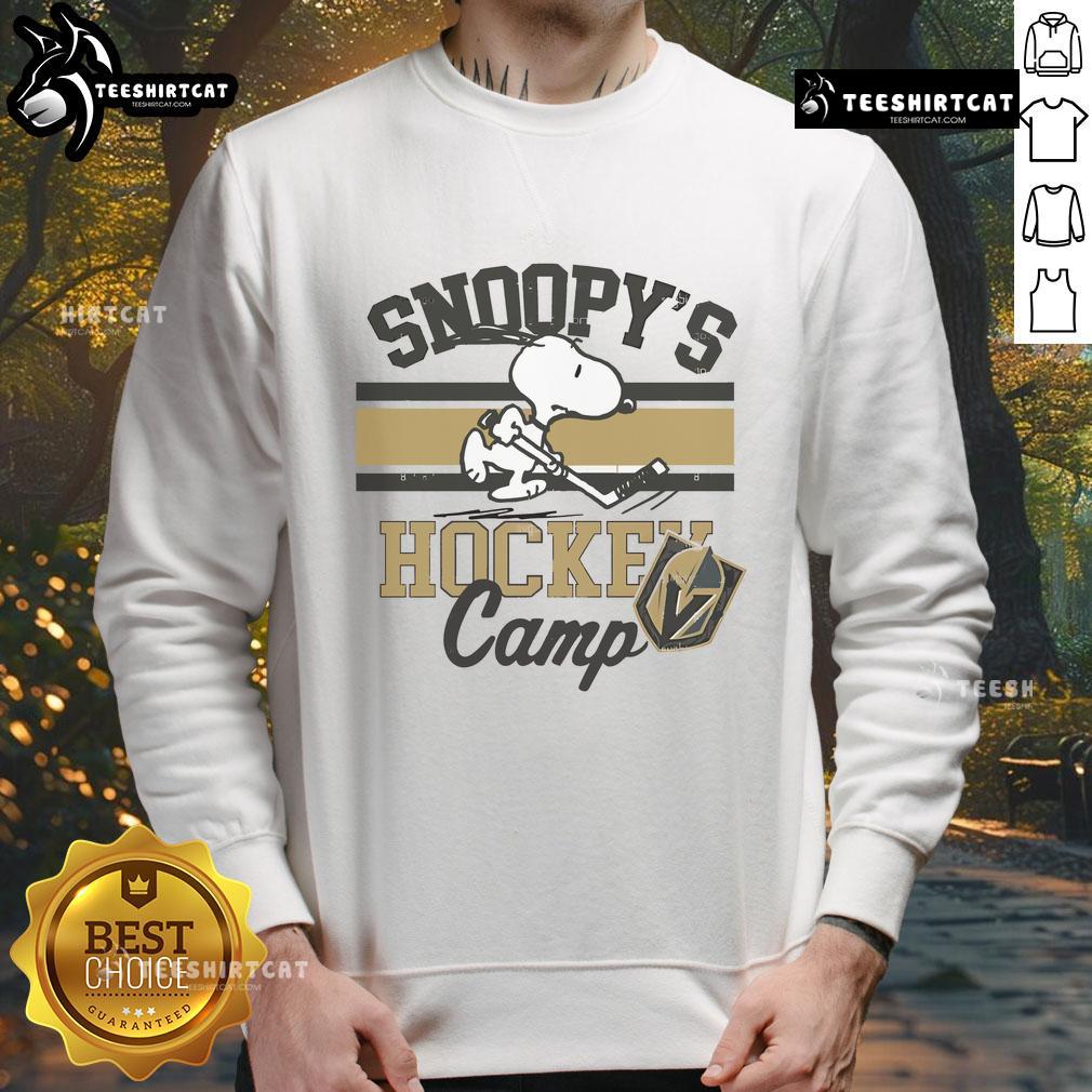 Snoopy in a Vegas Golden Knights sweatshirt at Snoopy's Hockey Camp, celebrating NHL teams and hockey spirit.
