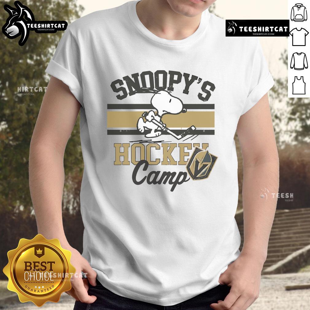 Alt Text: Snoopy in Vegas Golden Knights hockey gear on a Camp Snoopy NHL shirt featuring all teams.