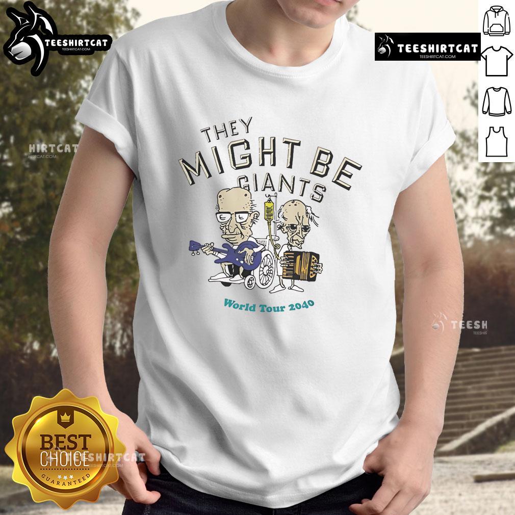 Alt Text: Nice They Might Be Giants World Tour 2040 T-Shirt featuring vibrant graphics and band logo on a stylish design.