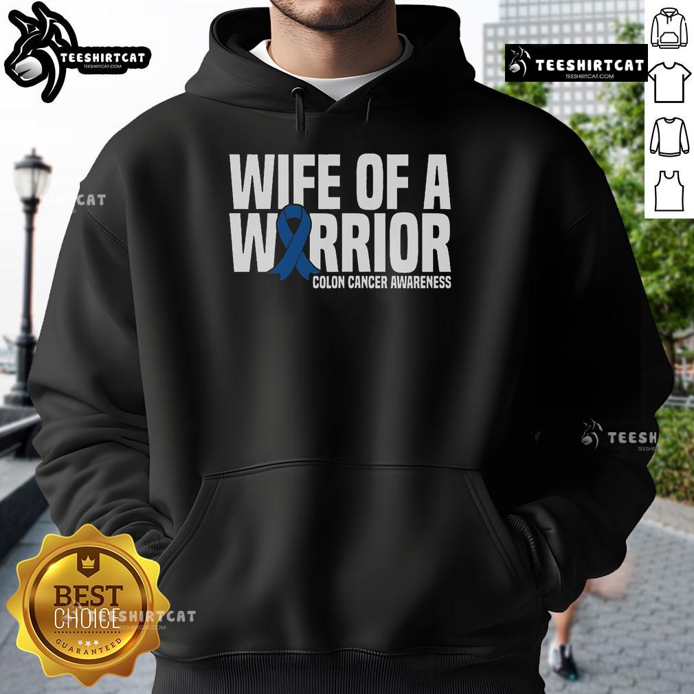 Alt Text: Woman wearing a blue ribbon colon cancer awareness hoodie, celebrating the nice wife of a warrior.