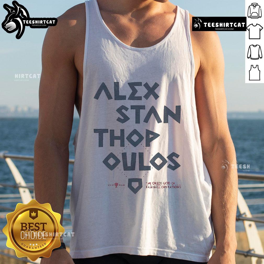 Alt Text: Official Alex Stanthopoulos tank top featuring 'The Greek God of Baseball Operations' design for fans and collectors.