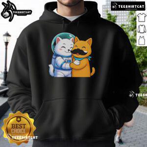 Cozy Official Astrocat and Meow Stash Hoodie displayed on a hanger, featuring vibrant cat graphics and a stylish design.