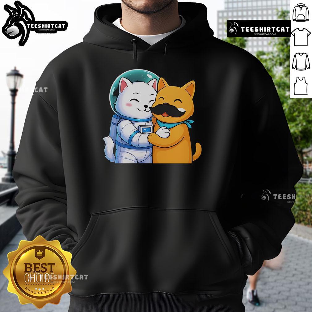 Cozy Official Astrocat and Meow Stash Hoodie displayed on a hanger, featuring vibrant cat graphics and a stylish design.