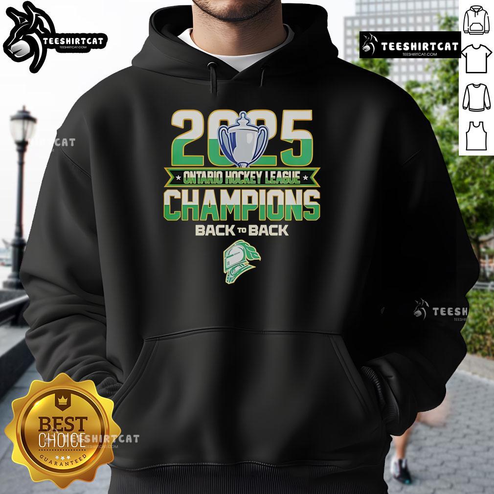 Official Back to Back London Knights 2025 Ontario Hockey League Champions hoodie featuring team colors and logo.