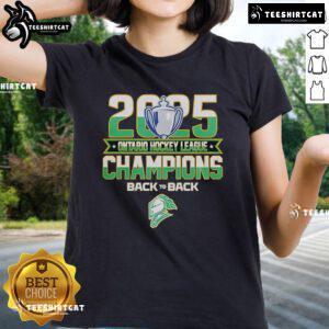 Alt Text: Official Back-To-Back London Knights 2025 Ontario Hockey League Champions ladies tee showcasing team pride.