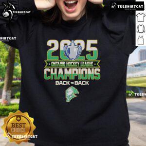 Official Back To Back London Knights 2025 Ontario Hockey League Champions Sweatshirt in green with team logo.