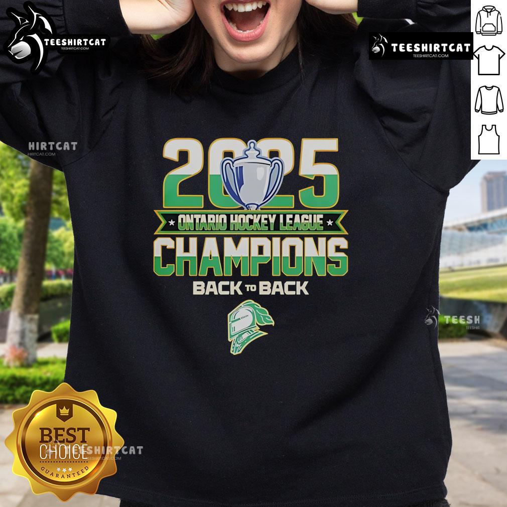 Official Back To Back London Knights 2025 Ontario Hockey League Champions Sweatshirt in green with team logo.