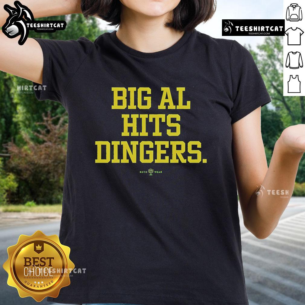 Official Big Al Hits Dingers Ladies Tee featuring stylish baseball graphic, perfect for fans and casual wear.
