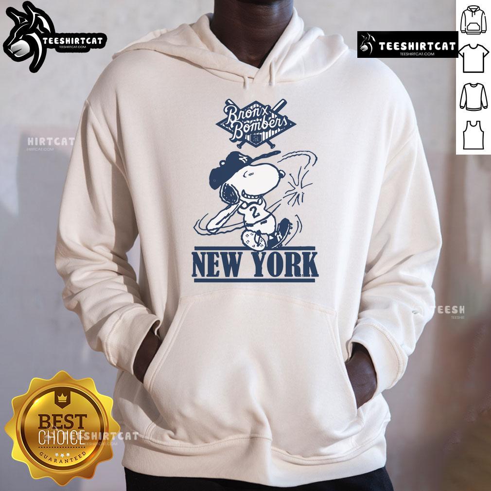 Official Bronx Bombers Snoopy New York Yankees baseball hoodie featuring Snoopy in Yankees gear, perfect for fans.