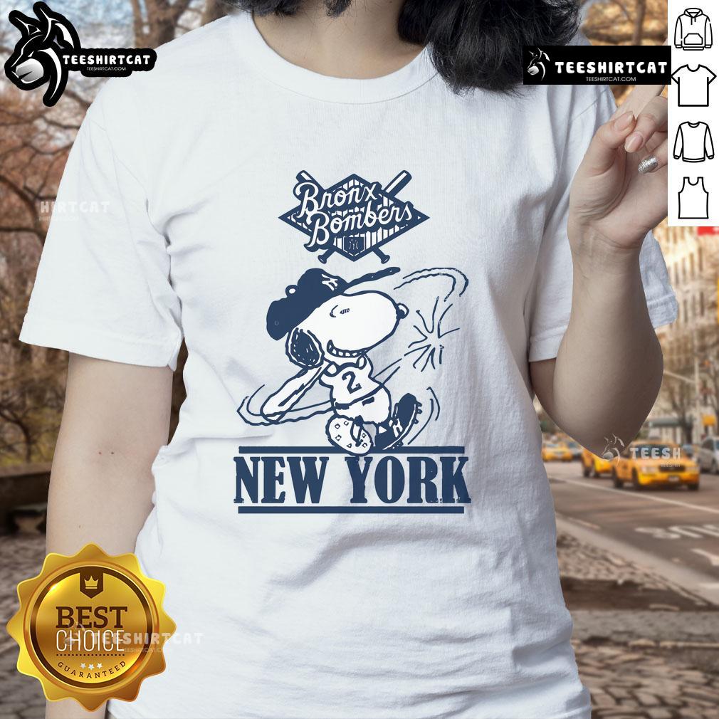 Alt Text: Official Bronx Bombers Snoopy New York Yankees baseball ladies tee featuring fun Snoopy graphic design.