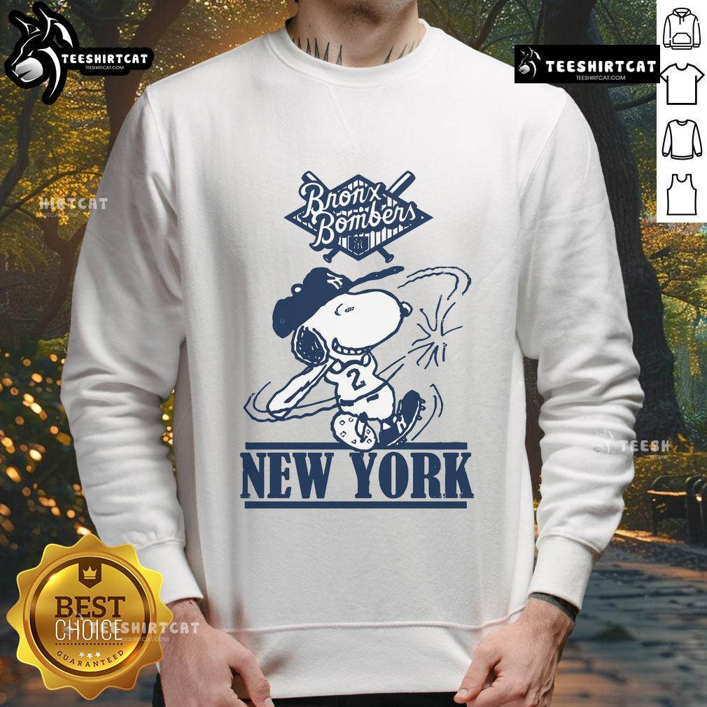 Official Bronx Bombers Snoopy New York Yankees baseball sweatshirt featuring Snoopy in Yankees gear.