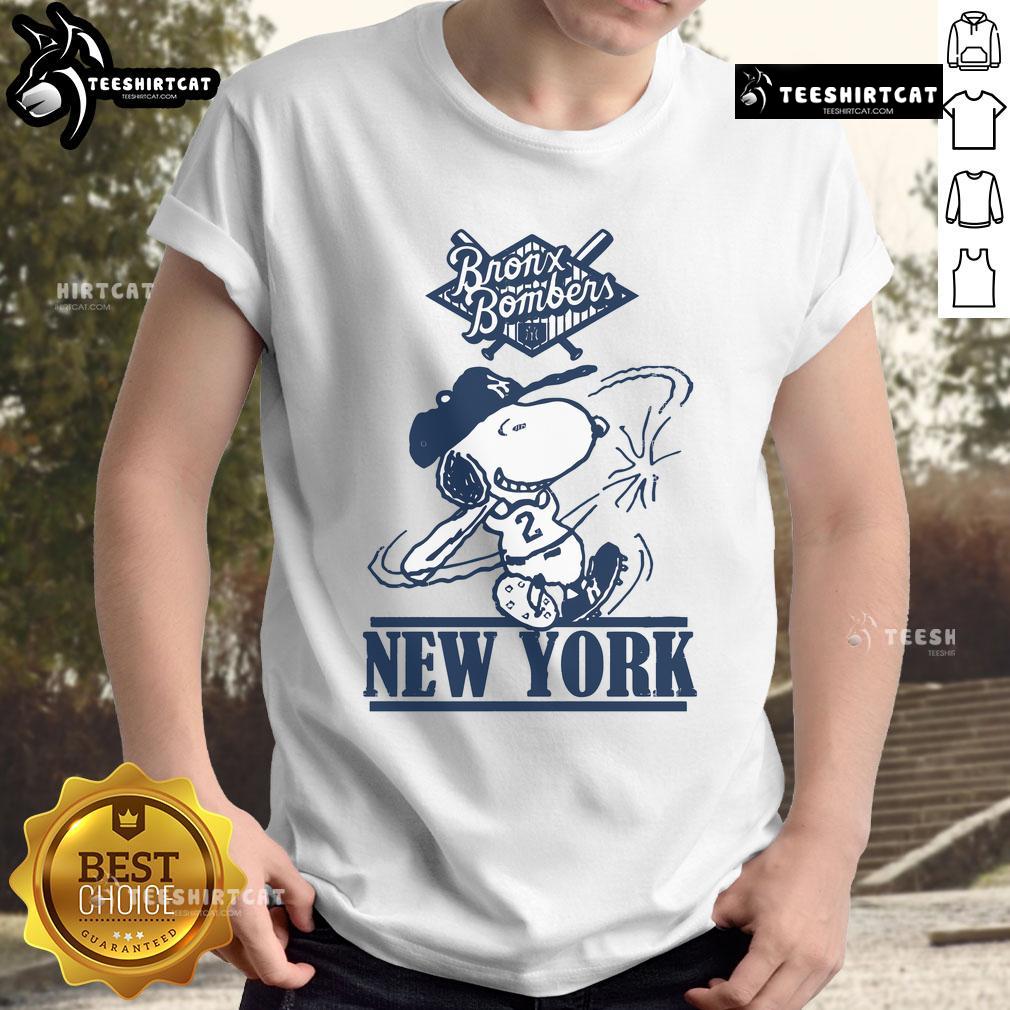 Official Bronx Bombers Snoopy New York Yankees baseball T-shirt featuring Snoopy in Yankees gear, perfect for fans.