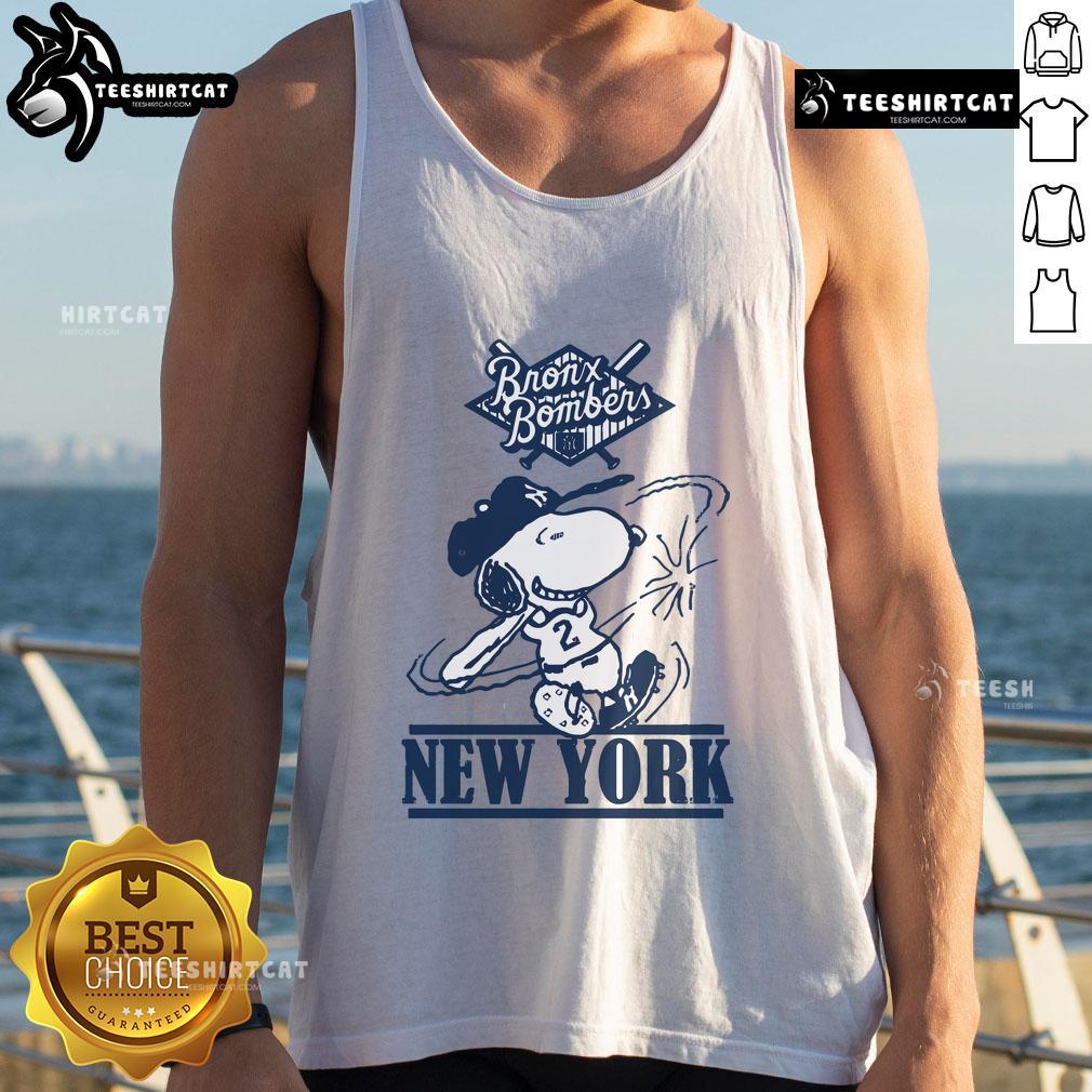Official Bronx Bombers Snoopy New York Yankees baseball tank top featuring Snoopy in Yankees gear.