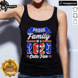 Chicago Cubs fan proudly wearing a 2025 tank top, showcasing family spirit and team loyalty at a game.