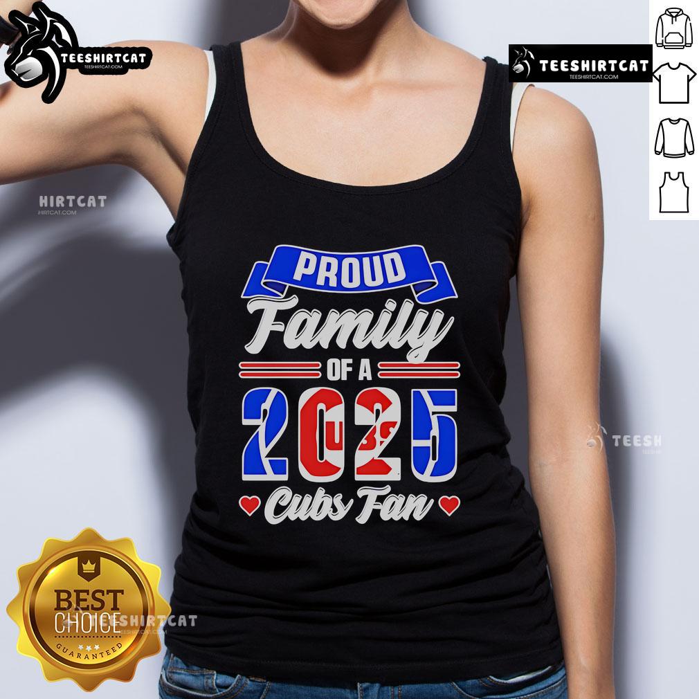 Chicago Cubs fan proudly wearing a 2025 tank top, showcasing family spirit and team loyalty at a game.