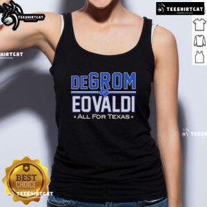 Official DeGrom Eovaldi All for Texas tank top showcasing team spirit and style for Texas Rangers fans.