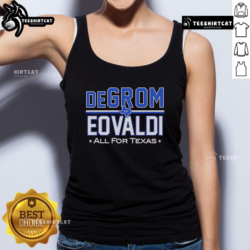 Official DeGrom Eovaldi All for Texas tank top showcasing team spirit and style for Texas Rangers fans.