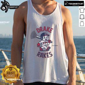 Drake Baldwin wearing a stylish tank top featuring the Drake Rakes logo, showcasing a trendy summer look.