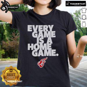 Official Indiana Fever ladies tee featuring 'Every Game Is A Home Game' slogan, perfect for fans of women's basketball.