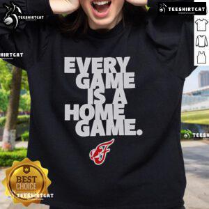Official Indiana Fever sweatshirt with 'Every Game Is A Home Game' slogan, perfect for fans and casual wear.