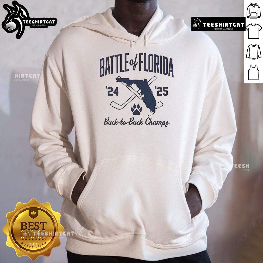 Alt Text: Official Florida Hockey Battle of Florida Back-to-Back Champs Hoodie showcasing team pride and championship spirit.