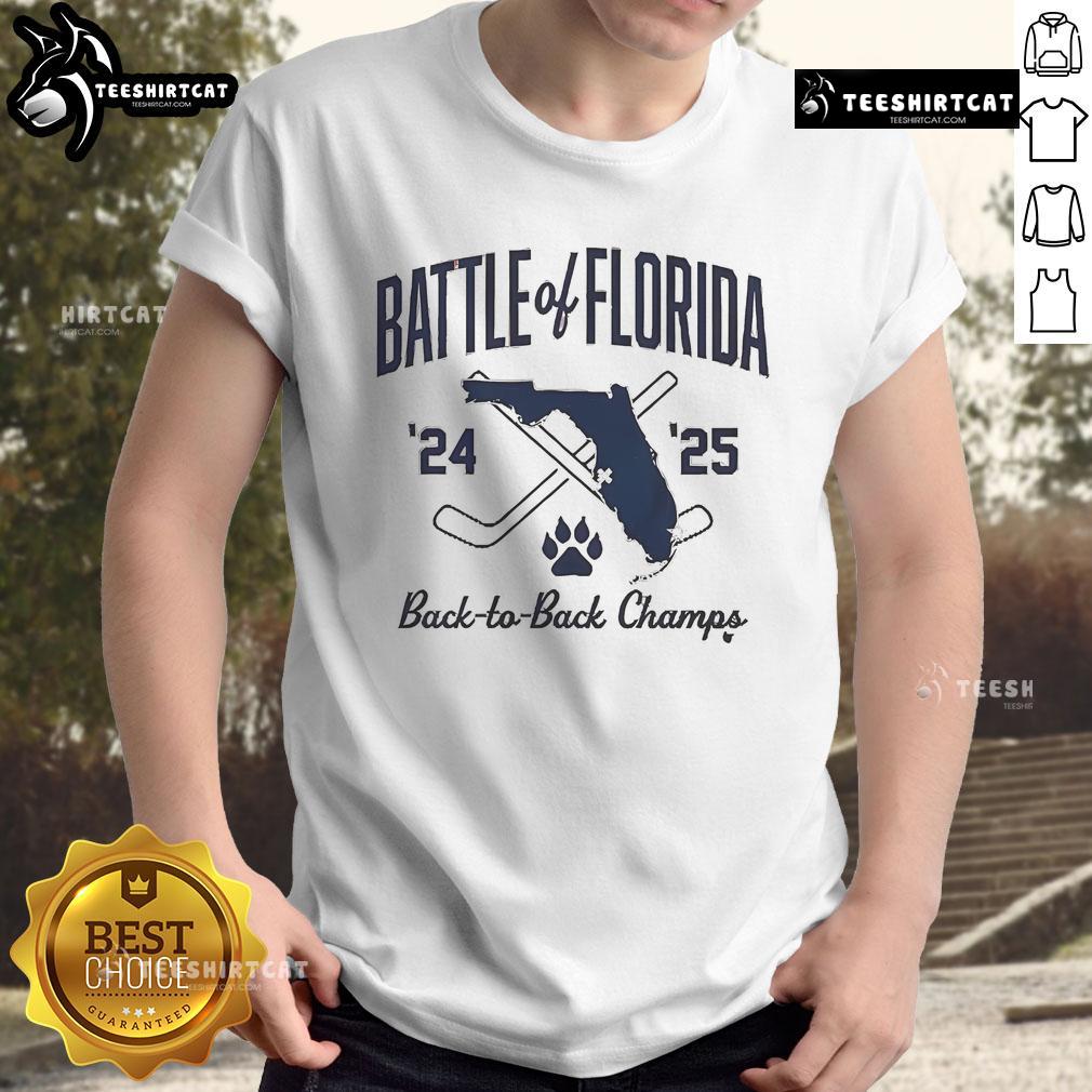 Alt Text: Official Florida Hockey Battle Of Florida Back To Back Champs T-Shirt featuring team logos and championship graphics.