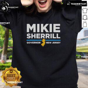 Official Mikie Sherrill for Governor New Jersey sweatshirt featuring campaign logo and vibrant design.