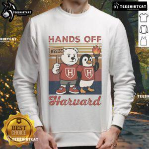 Official Hands Off Harvard sweatshirt by Steve Kerr for anti-Trump protest, featuring vibrant colors and bold design.