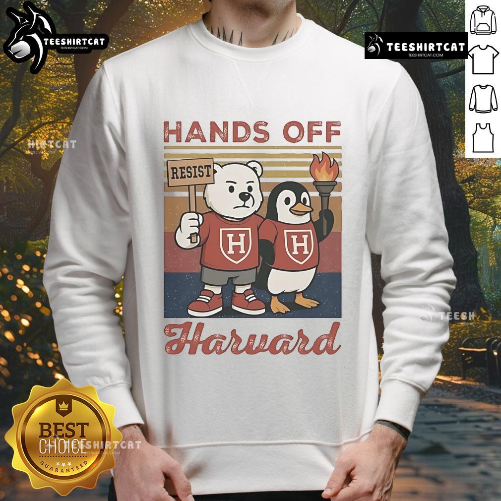 Official Hands Off Harvard sweatshirt by Steve Kerr for anti-Trump protest, featuring vibrant colors and bold design.