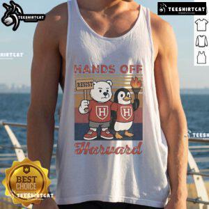 Hands Off Harvard tank top worn during anti-Trump protest featuring Steve Kerr, showcasing political activism and comfort.
