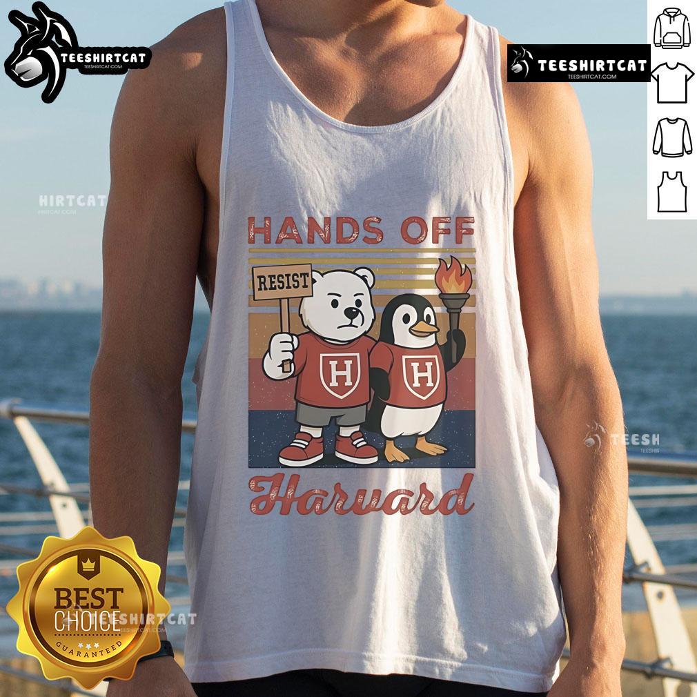 Hands Off Harvard tank top worn during anti-Trump protest featuring Steve Kerr, showcasing political activism and comfort.