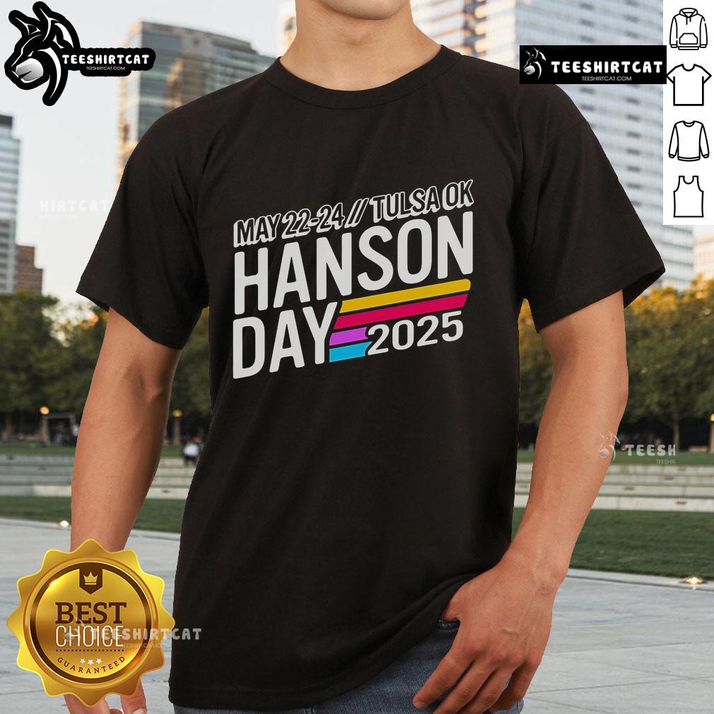 Alt Text: Official Hanson Day T-Shirt for May 22-24, 2025, in Tulsa, OK featuring vibrant design and event details.