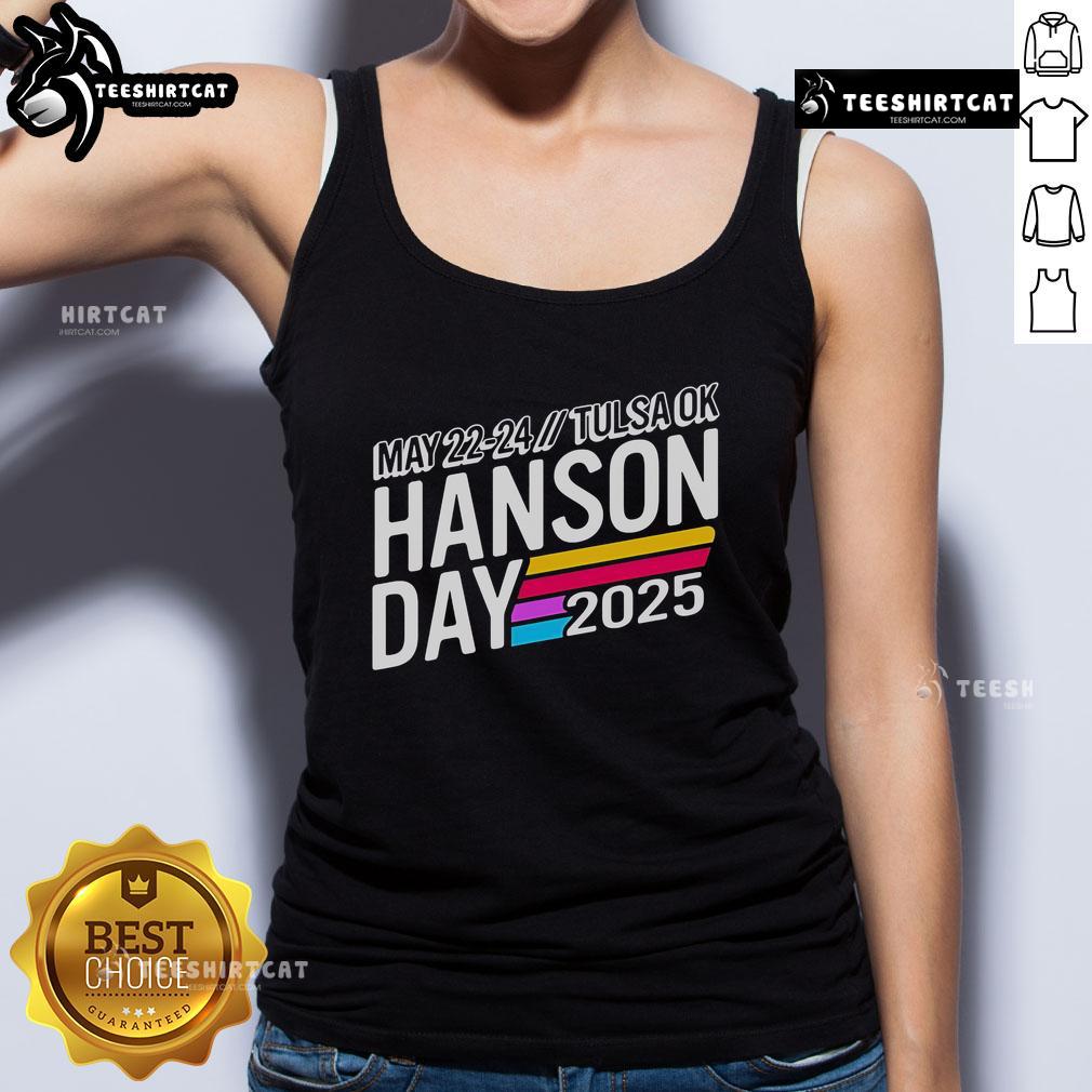 Official Hanson Day 2025 tank top featuring vibrant design; event in Tulsa, OK from May 22-24, 2025.