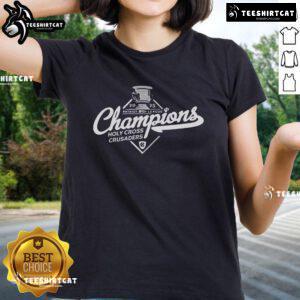 Official Holy Cross Crusaders 2025 Patriot League Champions trophy logo on a ladies tee, celebrating athletic success.