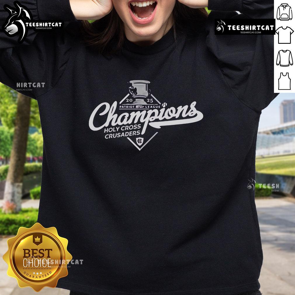 Alt Text: Official Holy Cross Crusaders 2025 Patriot League Champions trophy logo on a stylish sweatshirt design.
