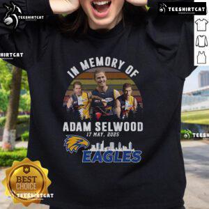 Official In Memory Of Adam Selwood 2025 X West Coast Eagles Limited Edition Sweatshirt in navy blue and gold design.