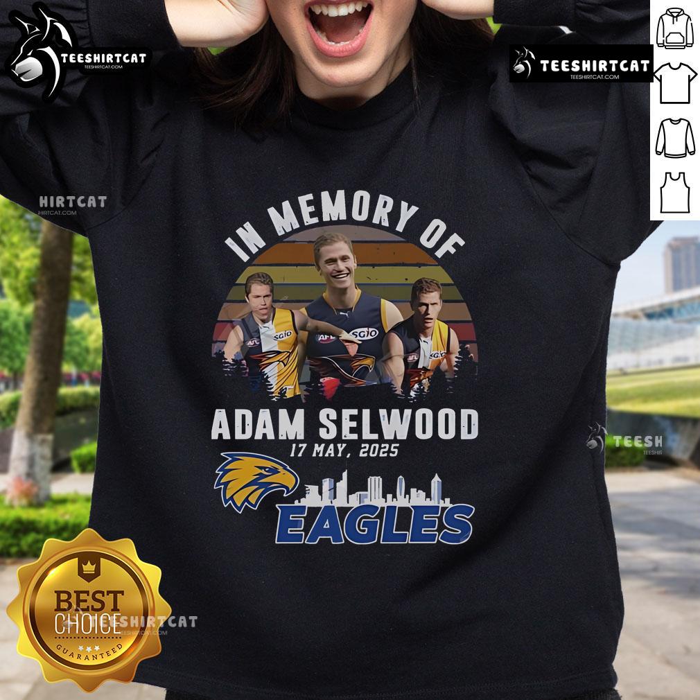 Official In Memory Of Adam Selwood 2025 X West Coast Eagles Limited Edition Sweatshirt in navy blue and gold design.