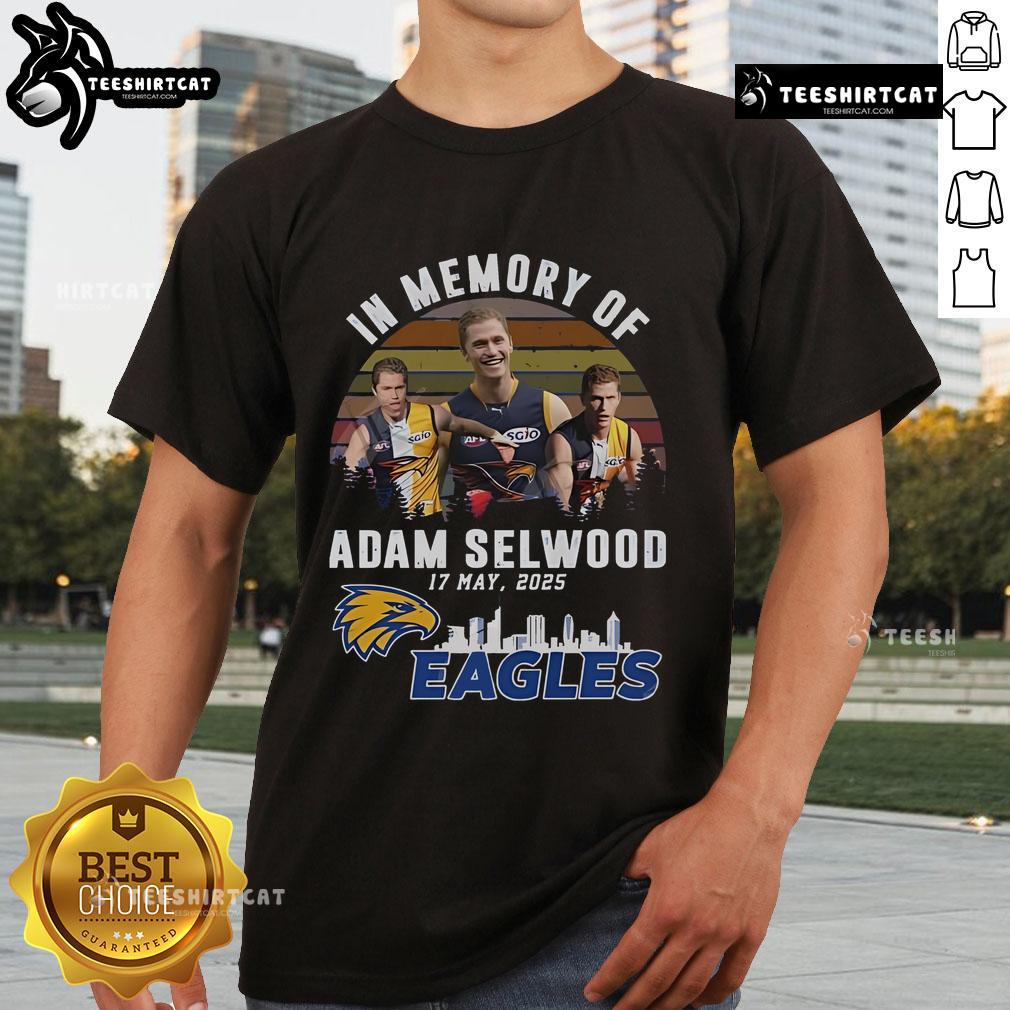 Official In Memory Of Adam Selwood 2025 X West Coast Eagles Limited Edition T-Shirt featuring team colors and logo.