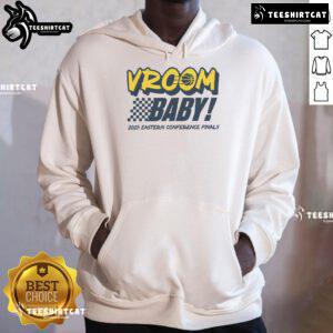 Alt Text: Official Indiana Pacers Vroom Baby 2025 Eastern Conference Finals hoodie displayed on a hanger, featuring team colors and logo.