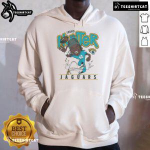 Official Jacksonville Jaguars Travis Hunter Hoodie in black, featuring team logo and player name on the back.