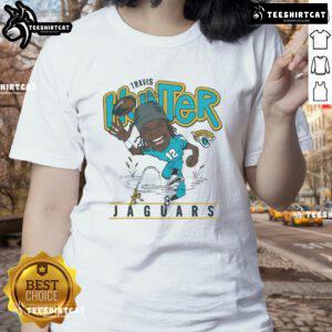 Alt Text: Official Jacksonville Jaguars Travis Hunter ladies tee featuring team colors and logo, perfect for female fans.