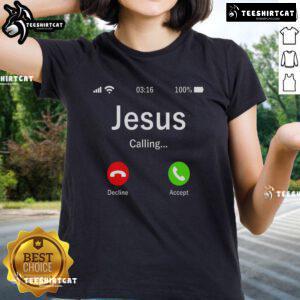 Alt Text: Official Jesus Is Calling Christian Ladies Tee in vibrant colors, perfect for expressing faith and style.