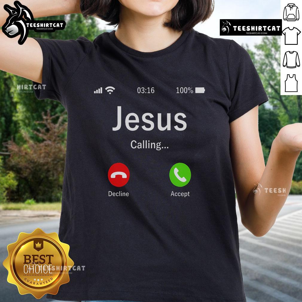 Alt Text: Official Jesus Is Calling Christian Ladies Tee in vibrant colors, perfect for expressing faith and style.