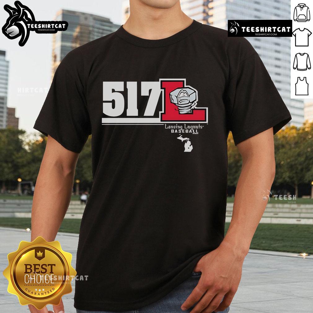 Official Lansing Lugnuts 517 T-Shirt featuring team colors and logo, perfect for fans and casual wear.