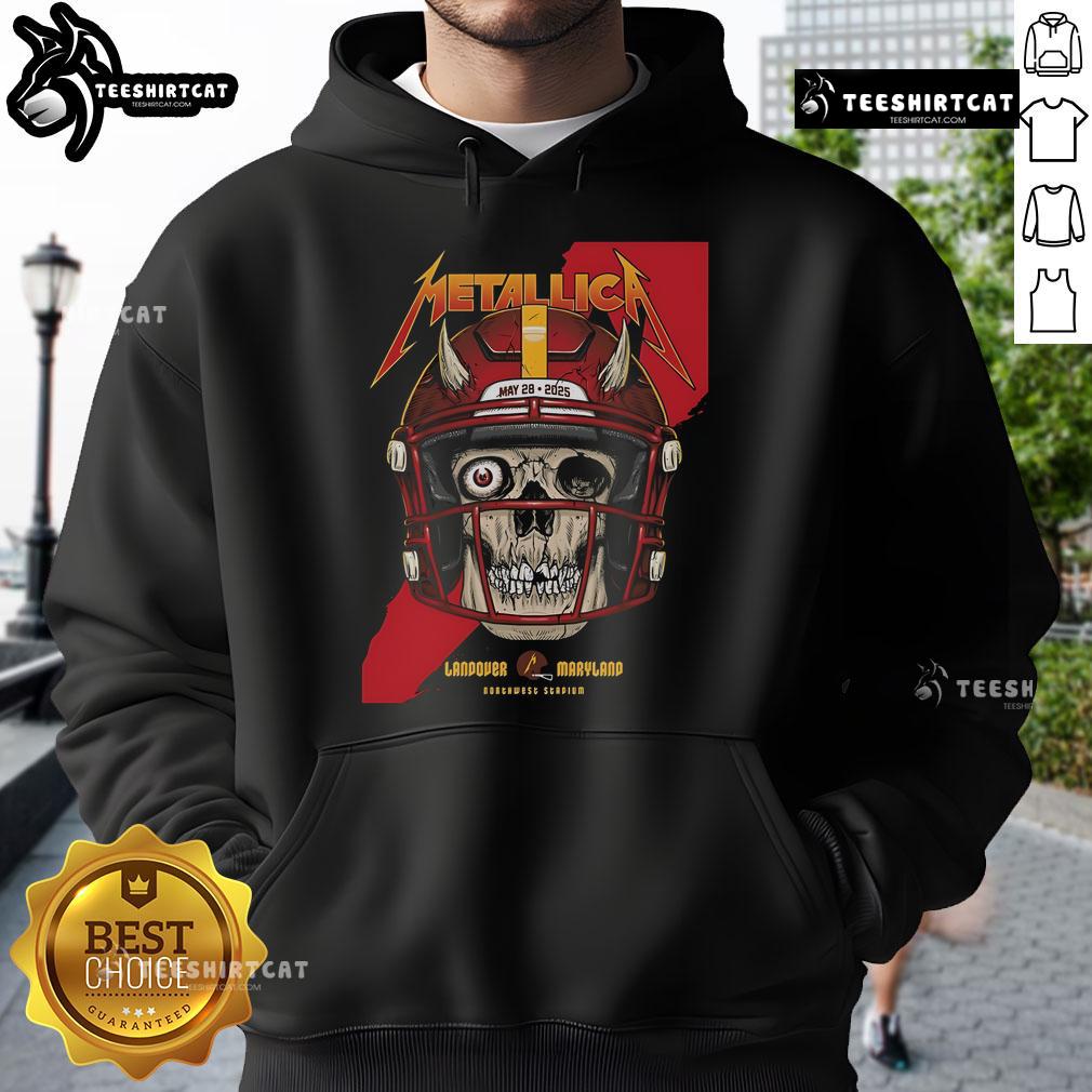 Alt Text: Official Metallica M72 Landover pop-up shop poster featuring hoodie design for Landover, Maryland at Northwest Stadium.