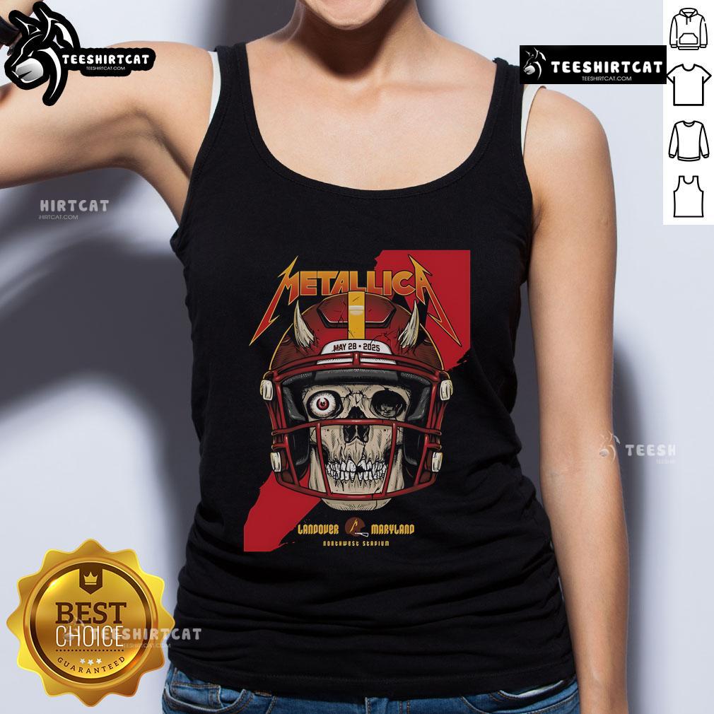 Official Metallica M72 Landover pop-up shop poster on a tank top, featuring vibrant graphics for the Maryland event.
