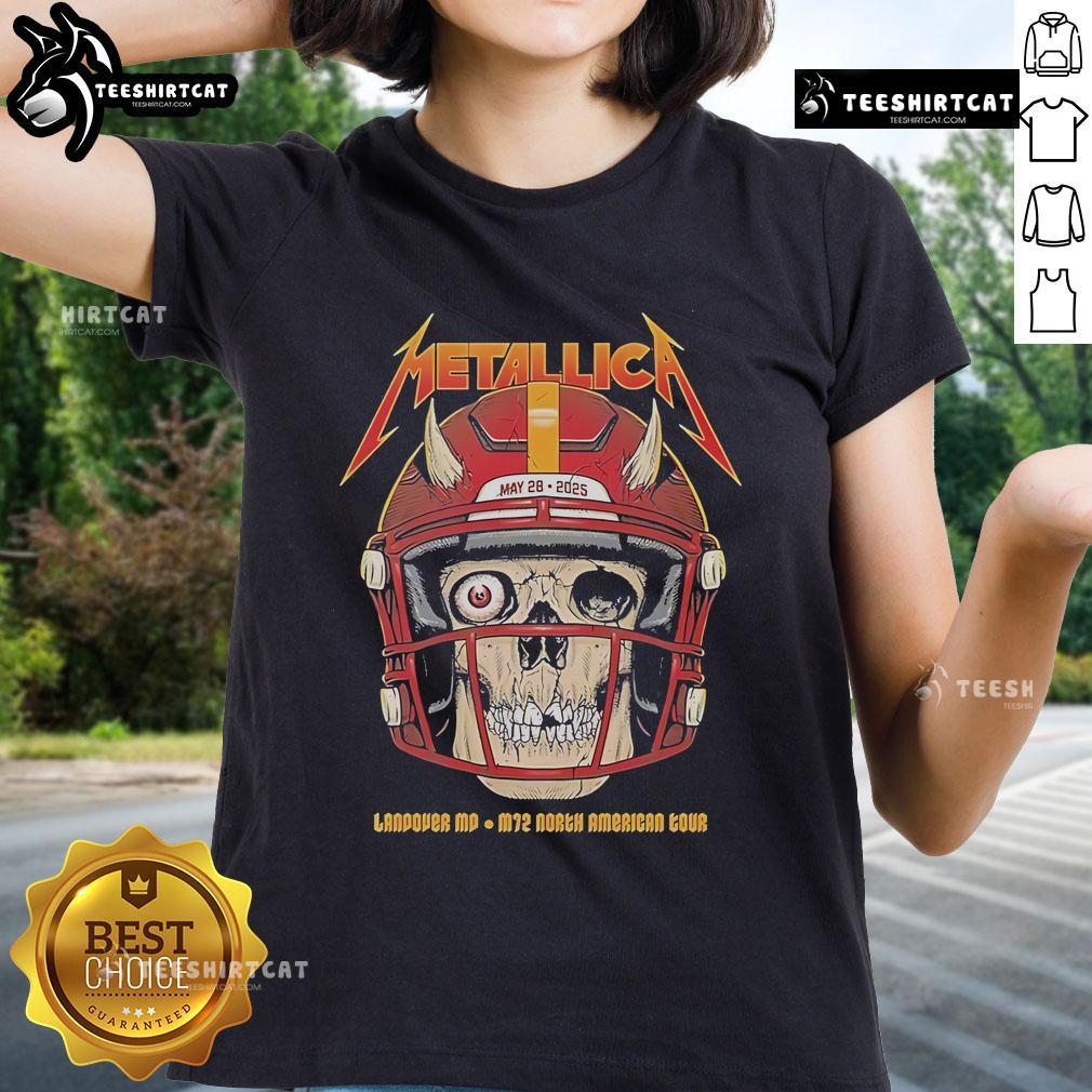 Official Metallica May 28, 2025 Landover M72 North American Tour ladies tee featuring iconic band logo and design.